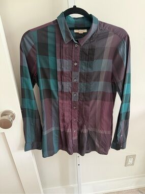 Burberry Brit Plaid Button-Up Shirt, Purple, Blue/Green, Size XS